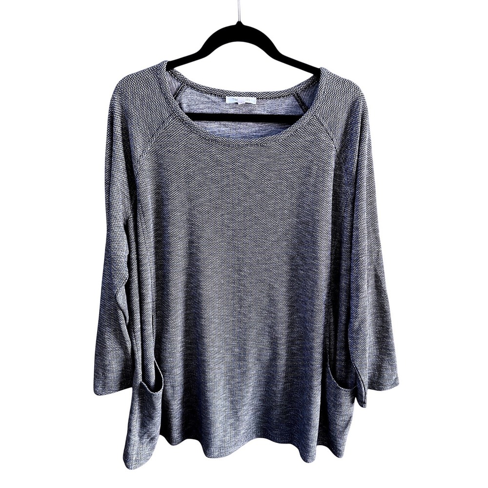 T by Talbots Womens 3X Herringbone Raglan Top Navy White Pockets 53075086